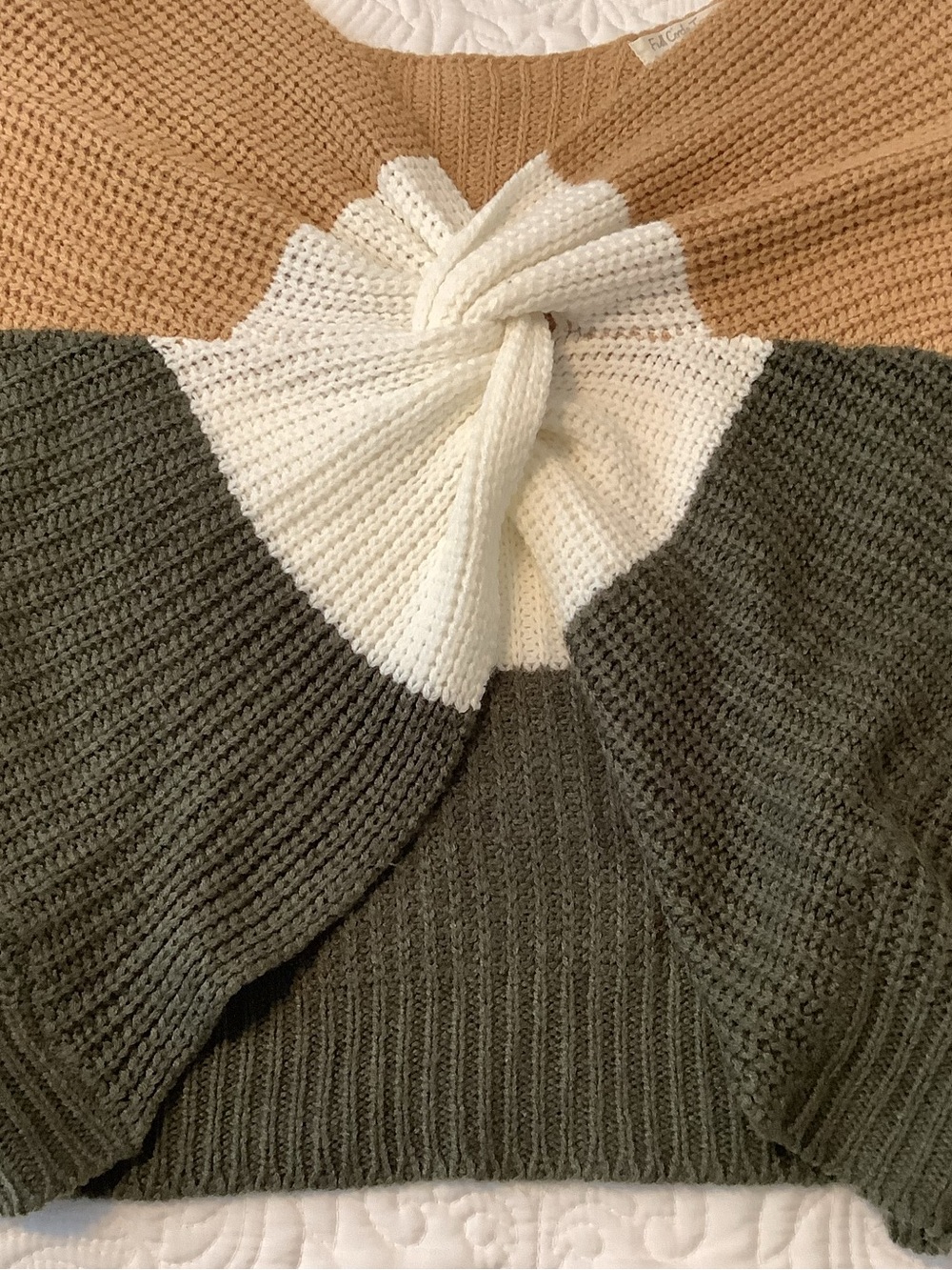 Crop Knit Twist Front Sweater - Olive, Cream & Tan - Picture 3 of 6